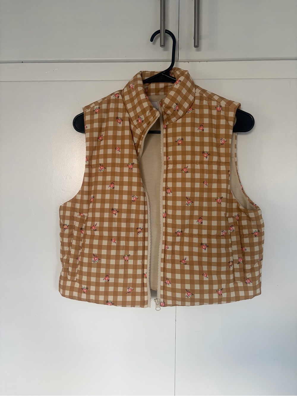 love, Fire Tan & Cream Gingham Vest with Pink Floral Accents